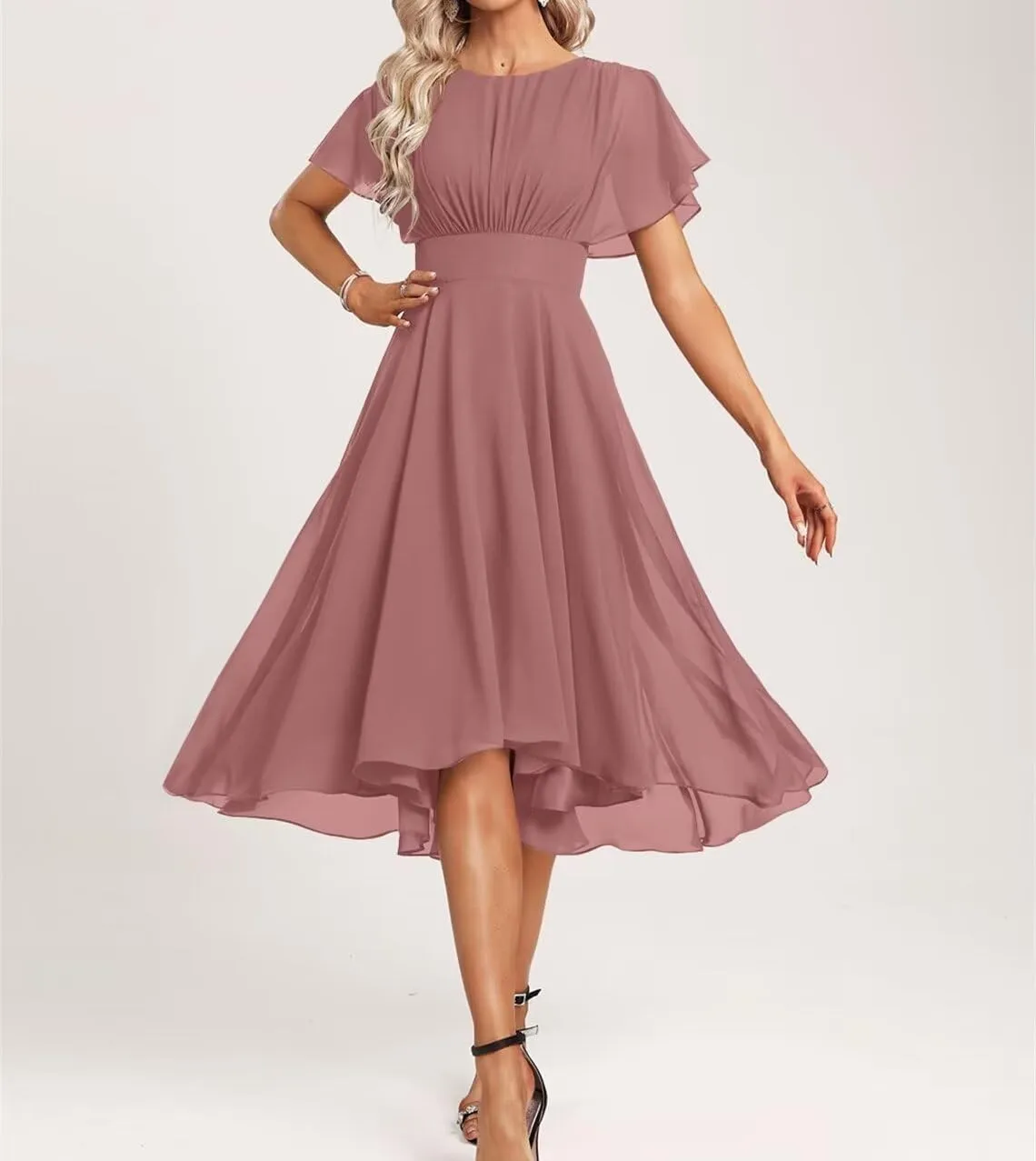 Women's Crew Neck Short Bridesmaid Dresses Summer Chiffon Ruffle Sleeve Smocked Midi Formal Dress