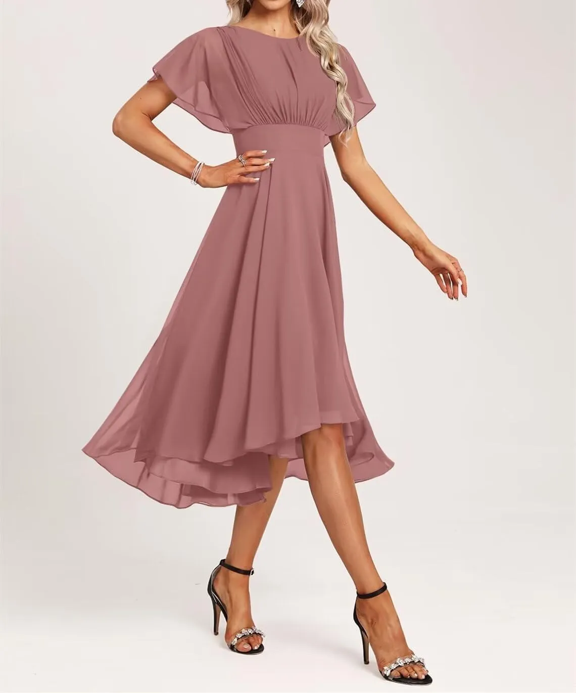Women's Crew Neck Short Bridesmaid Dresses Summer Chiffon Ruffle Sleeve Smocked Midi Formal Dress