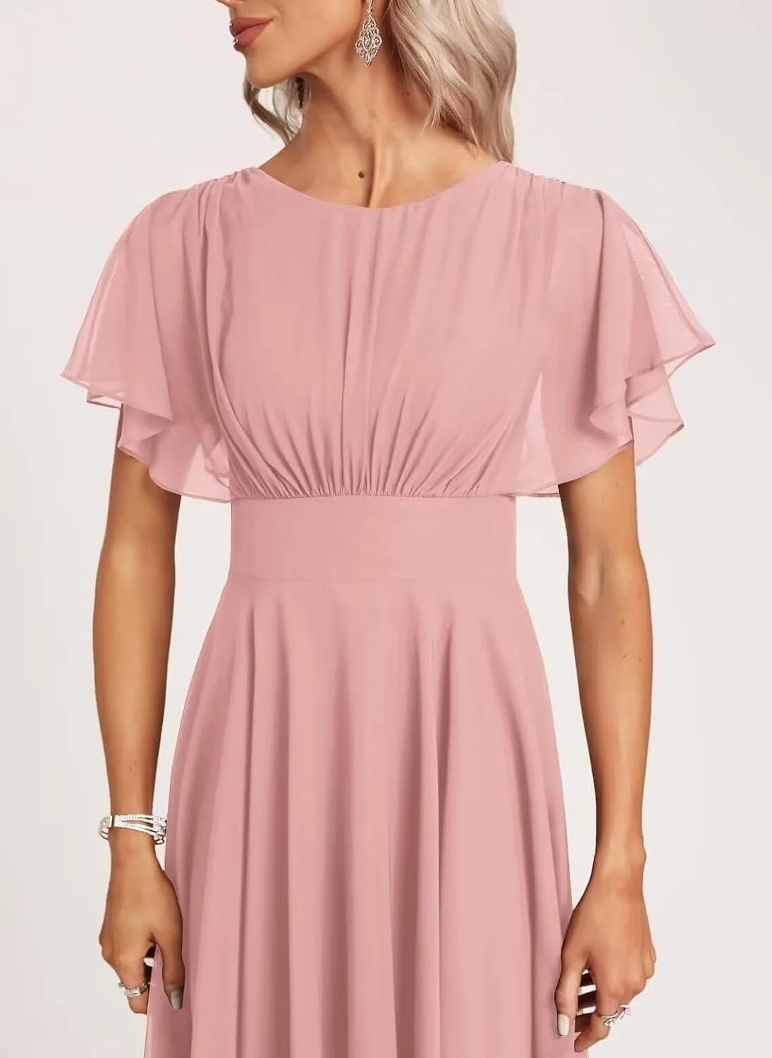Women's Crew Neck Short Bridesmaid Dresses Summer Chiffon Ruffle Sleeve Smocked Midi Formal Dress