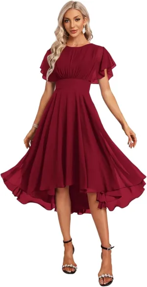 Women's Crew Neck Short Bridesmaid Dresses Summer Chiffon Ruffle Sleeve Smocked Midi Formal Dress