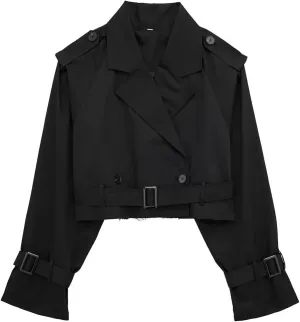 Women's Cropped Jacket Lapel Long Sleeve Double Breasted Crop Trench Coat Short Slim Fit Pea Coats Outwear with Belt