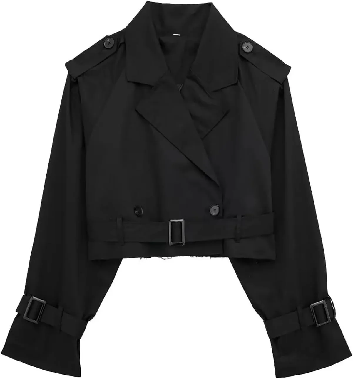 Women's Cropped Jacket Lapel Long Sleeve Double Breasted Crop Trench Coat Short Slim Fit Pea Coats Outwear with Belt