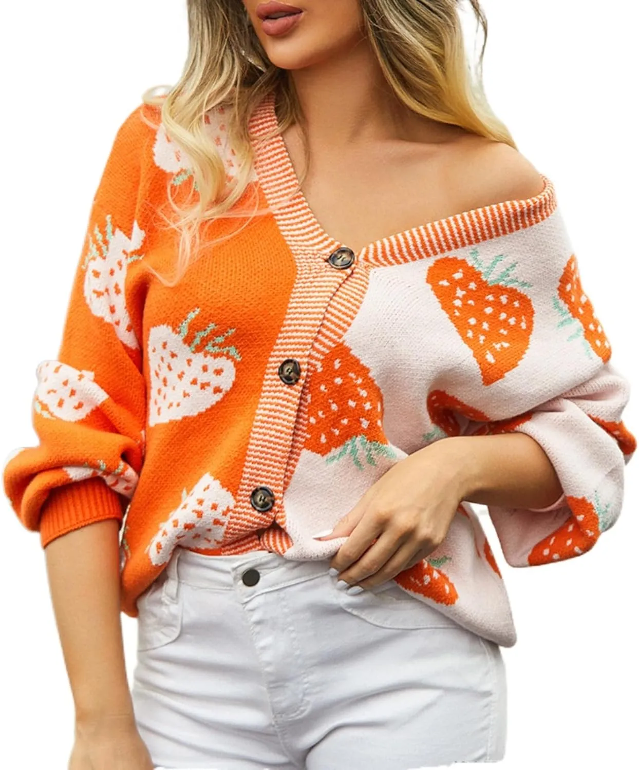 Women's Cute Strawberry Graphic Cardigan Sweaters Button Down Color Block Knit Jacket Trendy Y2K Aesthetic Preppy Clothes