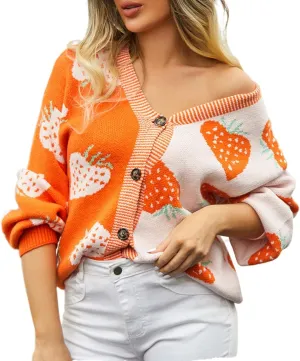 Women's Cute Strawberry Graphic Cardigan Sweaters Button Down Color Block Knit Jacket Trendy Y2K Aesthetic Preppy Clothes