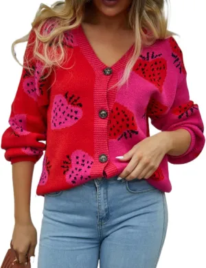 Women's Cute Strawberry Graphic Cardigan Sweaters Button Down Color Block Knit Jacket Trendy Y2K Aesthetic Preppy Clothes