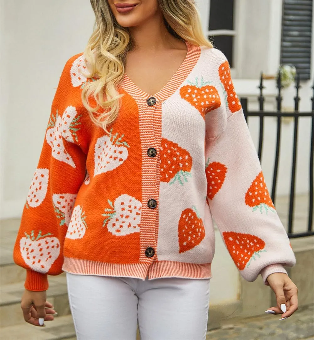 Women's Cute Strawberry Graphic Cardigan Sweaters Button Down Color Block Knit Jacket Trendy Y2K Aesthetic Preppy Clothes