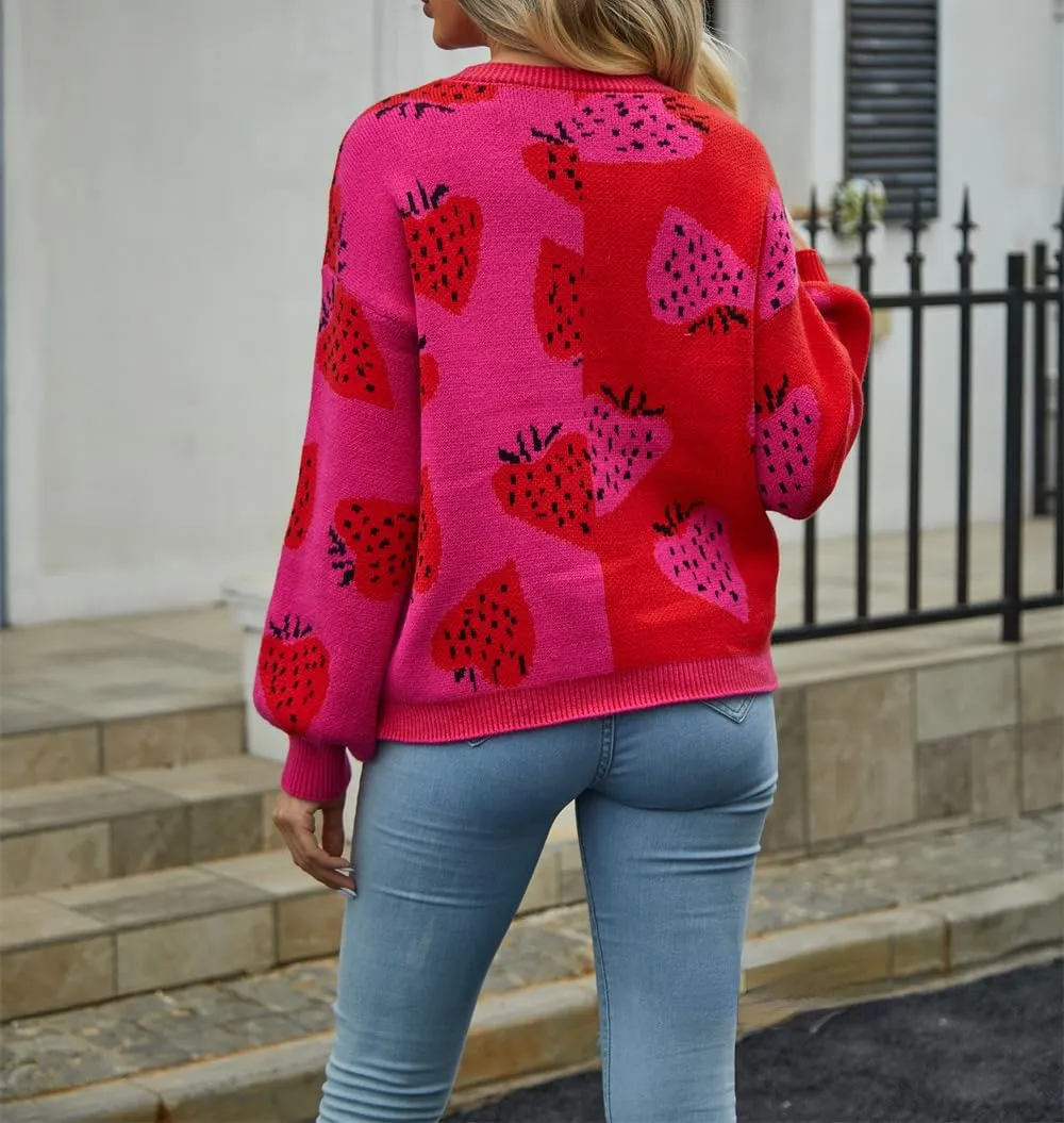 Women's Cute Strawberry Graphic Cardigan Sweaters Button Down Color Block Knit Jacket Trendy Y2K Aesthetic Preppy Clothes
