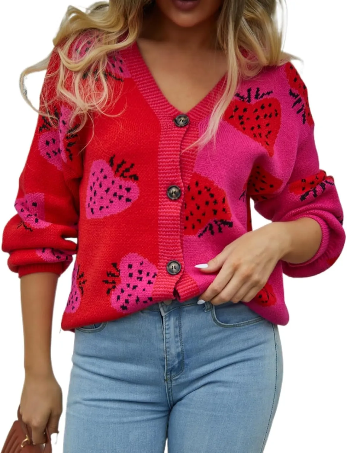 Women's Cute Strawberry Graphic Cardigan Sweaters Button Down Color Block Knit Jacket Trendy Y2K Aesthetic Preppy Clothes