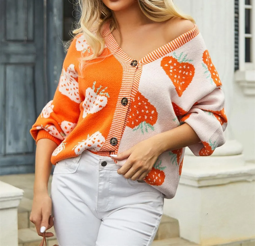 Women's Cute Strawberry Graphic Cardigan Sweaters Button Down Color Block Knit Jacket Trendy Y2K Aesthetic Preppy Clothes
