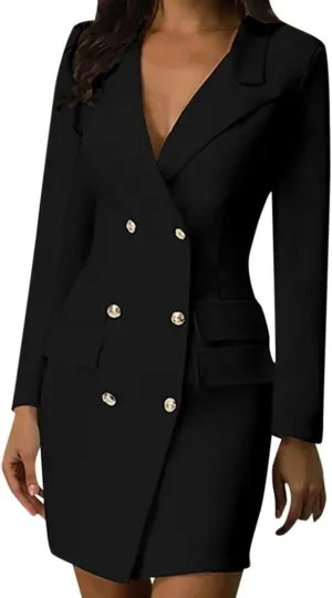 Women's Double Breasted Blazer Dress Slim Fit Formal Long Sleeve Jacket Stylish Decorative Buttons for Business Use