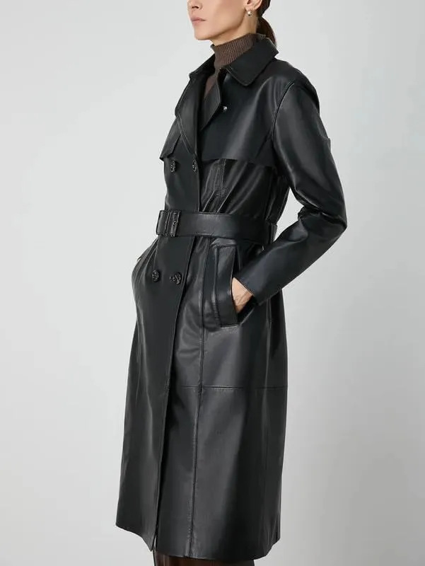 Womens Double Breasted Long Coat - Classic Lapel Trench Coat Women Slim Overcoat with Belt