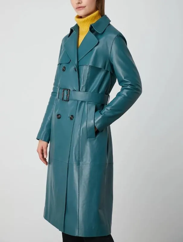 Womens Double Breasted Long Coat - Classic Lapel Trench Coat Women Slim Overcoat with Belt