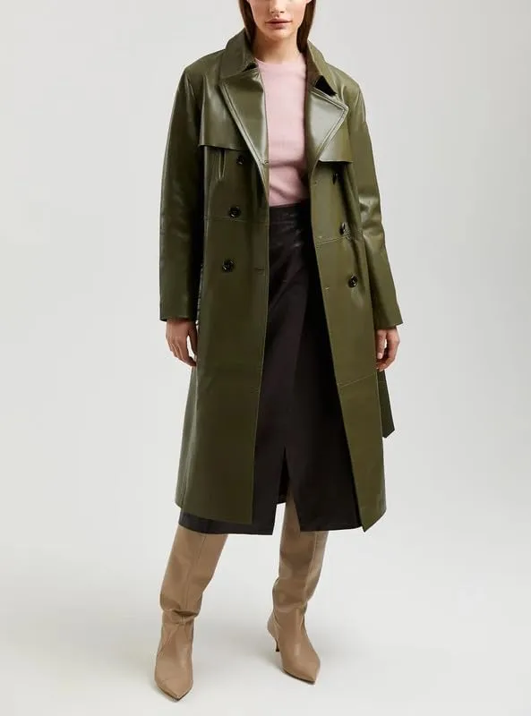 Womens Double Breasted Long Coat - Classic Lapel Trench Coat Women Slim Overcoat with Belt