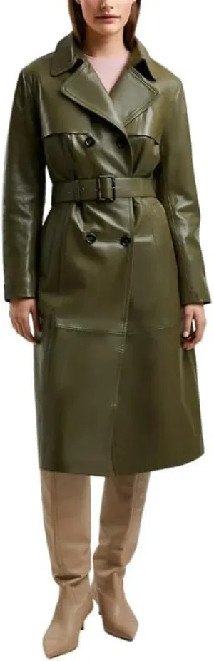 Womens Double Breasted Long Coat - Classic Lapel Trench Coat Women Slim Overcoat with Belt