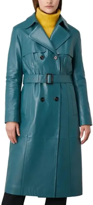 Womens Double Breasted Long Coat - Classic Lapel Trench Coat Women Slim Overcoat with Belt