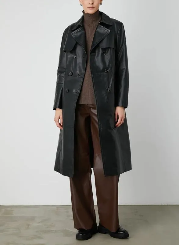 Womens Double Breasted Long Coat - Classic Lapel Trench Coat Women Slim Overcoat with Belt