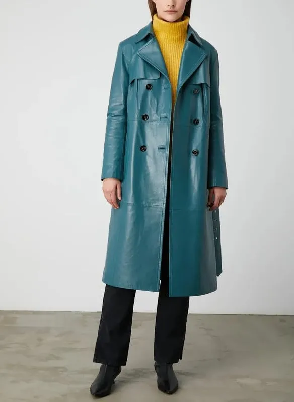 Womens Double Breasted Long Coat - Classic Lapel Trench Coat Women Slim Overcoat with Belt