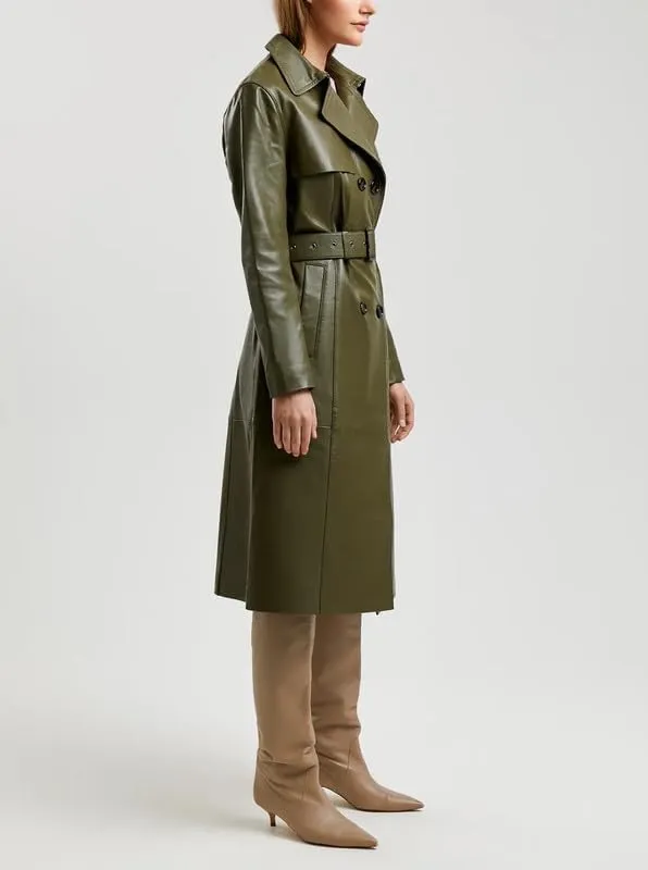 Womens Double Breasted Long Coat - Classic Lapel Trench Coat Women Slim Overcoat with Belt