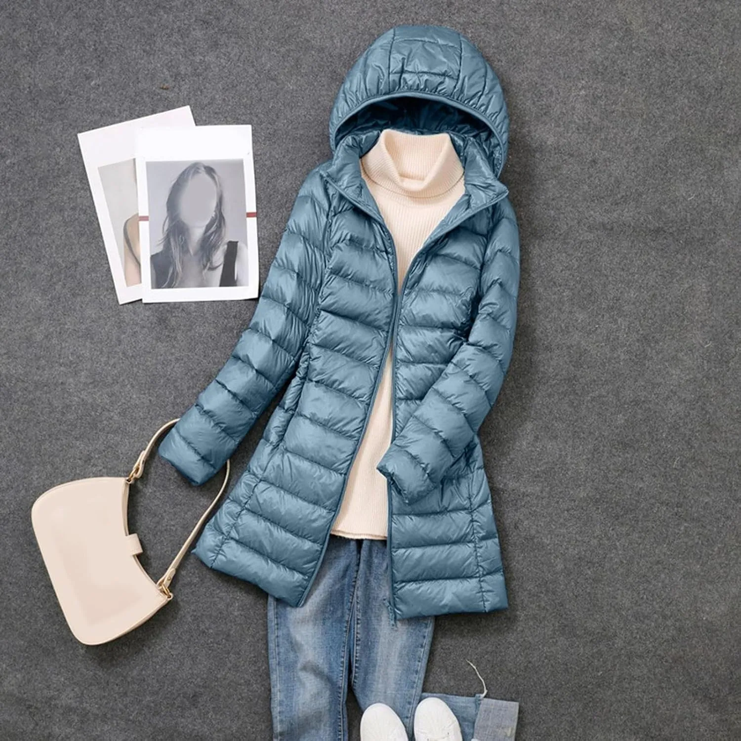 Women's Down Jacket Hooded Windproof Puffer Coat Packable Warm Winter Jacket Lightweight Ladies Parka Trendy Stand-up Collar