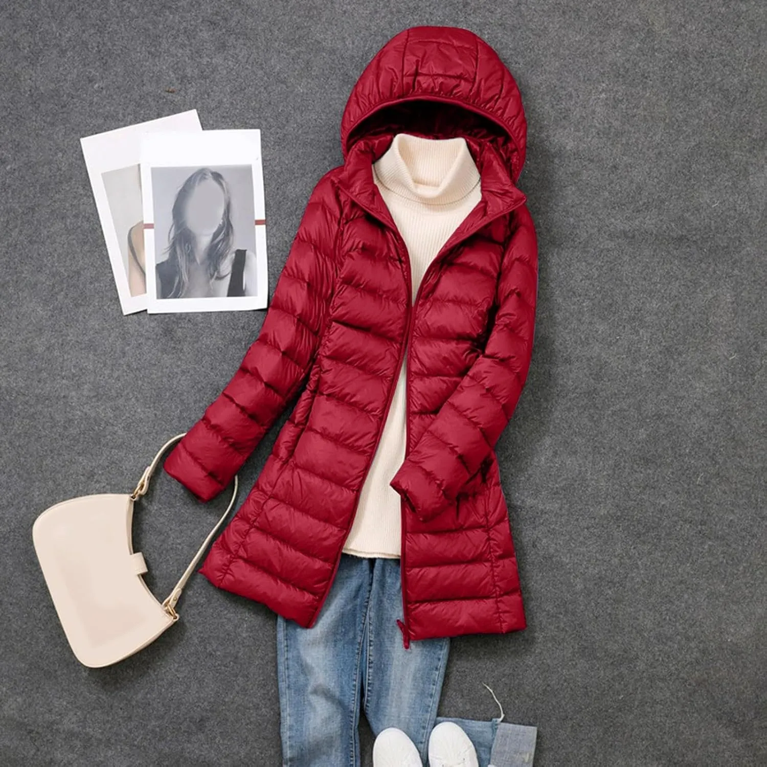 Women's Down Jacket Hooded Windproof Puffer Coat Packable Warm Winter Jacket Lightweight Ladies Parka Trendy Stand-up Collar
