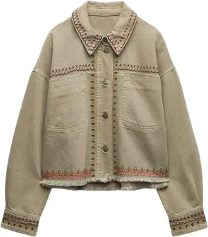 Womens Embroidered Overshirt Western Denim Jacket Cropped Shirt Jacket