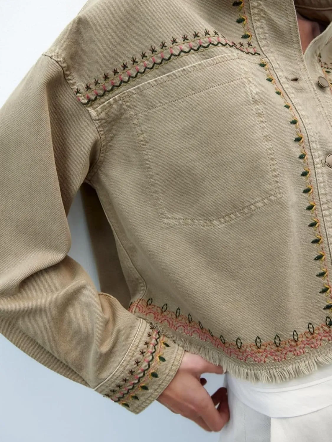 Womens Embroidered Overshirt Western Denim Jacket Cropped Shirt Jacket