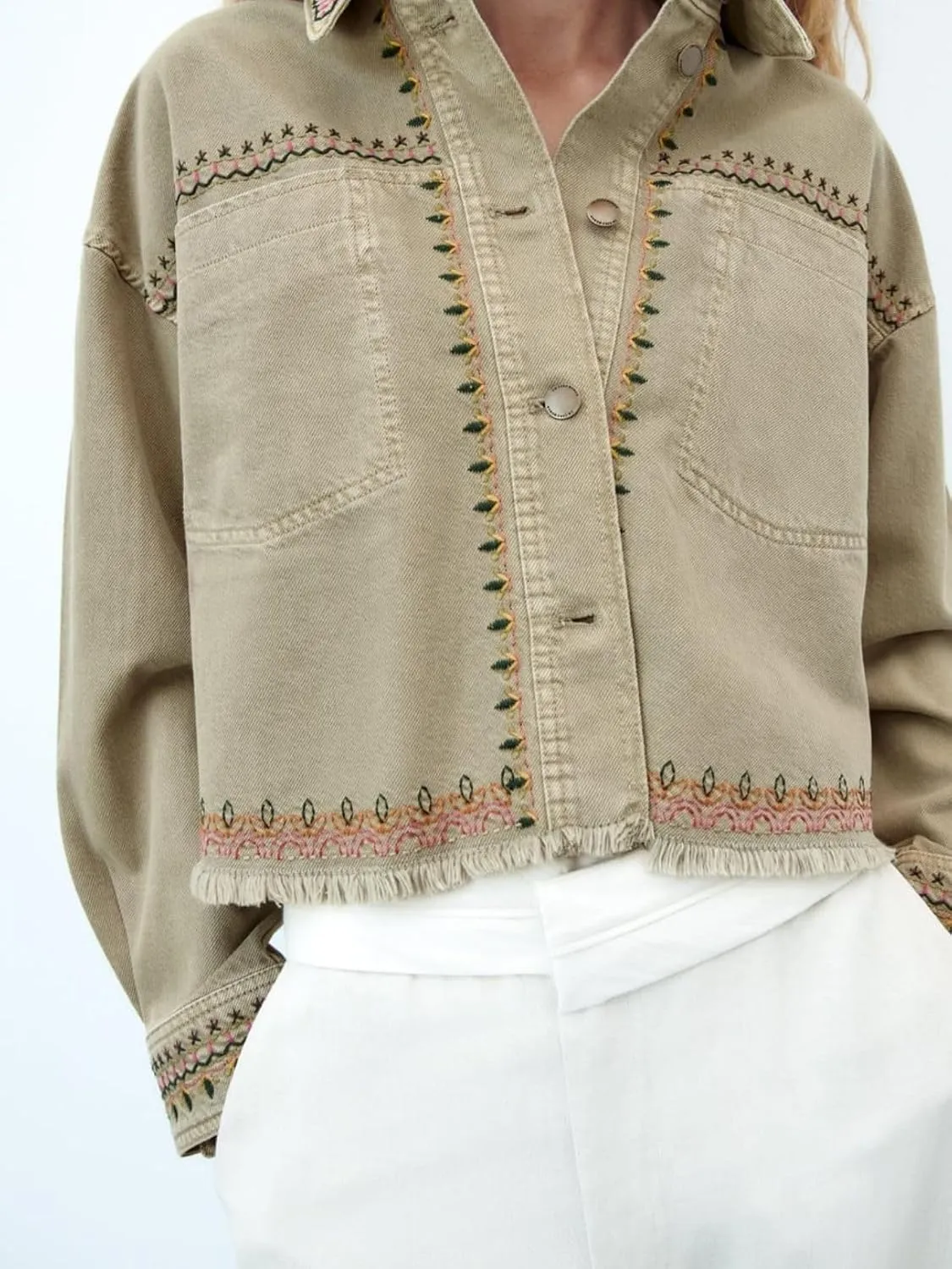 Womens Embroidered Overshirt Western Denim Jacket Cropped Shirt Jacket