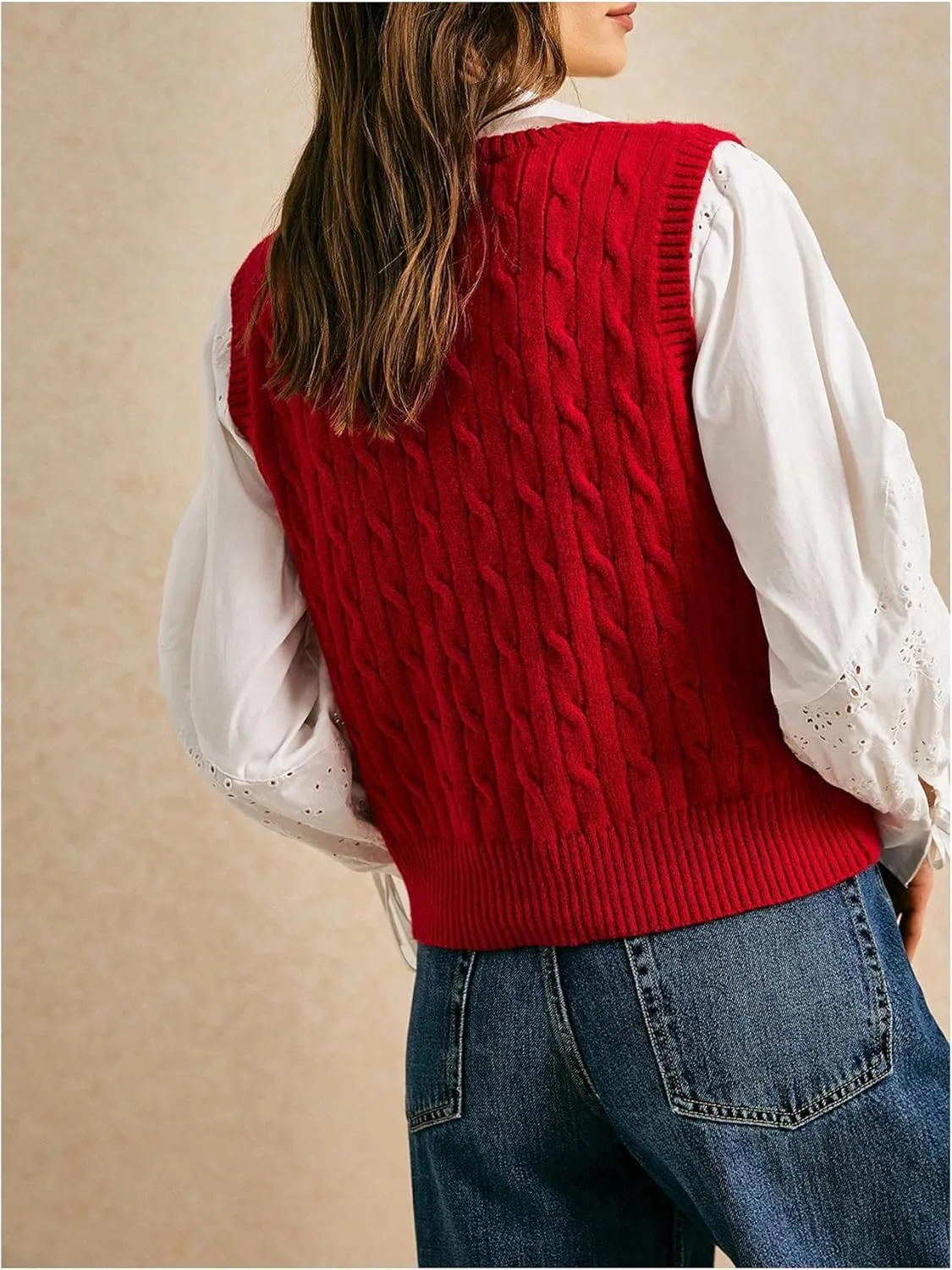 Women's Embroidery Cable Knit Sweater Vest V Neck Knitted Casual Sleeveless Sweater Pullover Top