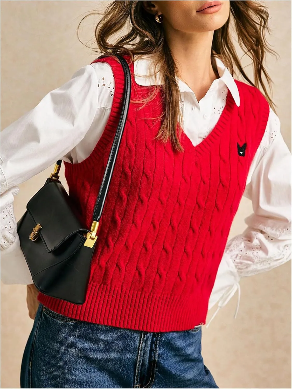 Women's Embroidery Cable Knit Sweater Vest V Neck Knitted Casual Sleeveless Sweater Pullover Top