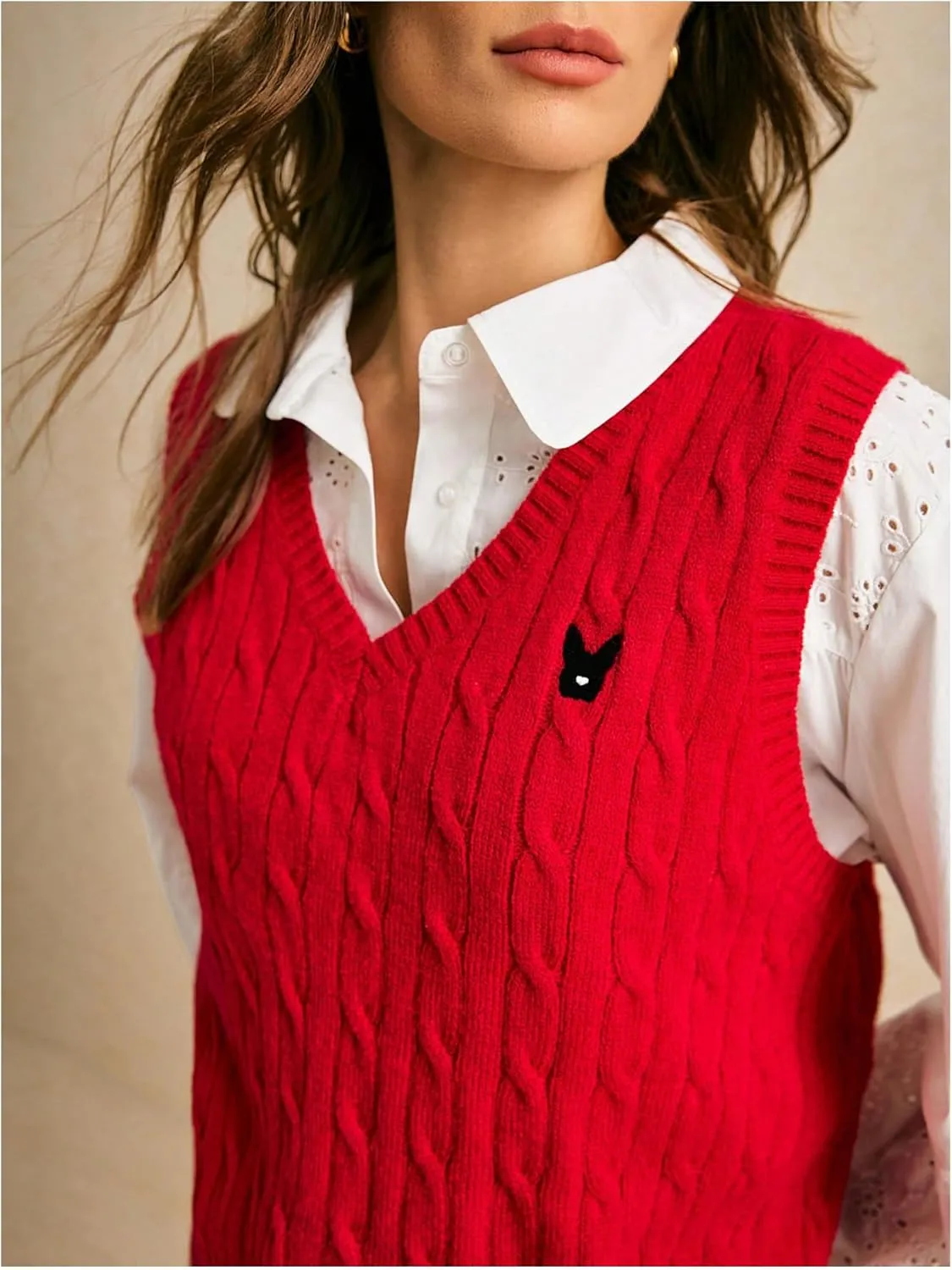 Women's Embroidery Cable Knit Sweater Vest V Neck Knitted Casual Sleeveless Sweater Pullover Top