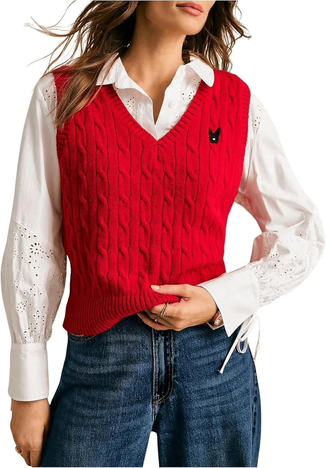 Women's Embroidery Cable Knit Sweater Vest V Neck Knitted Casual Sleeveless Sweater Pullover Top
