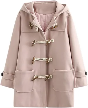Womens Fashion Horn Button Woolen Thicken Coat with Hood Winter Warm Quilted Lined Jacket Double Breasted Trench Coats