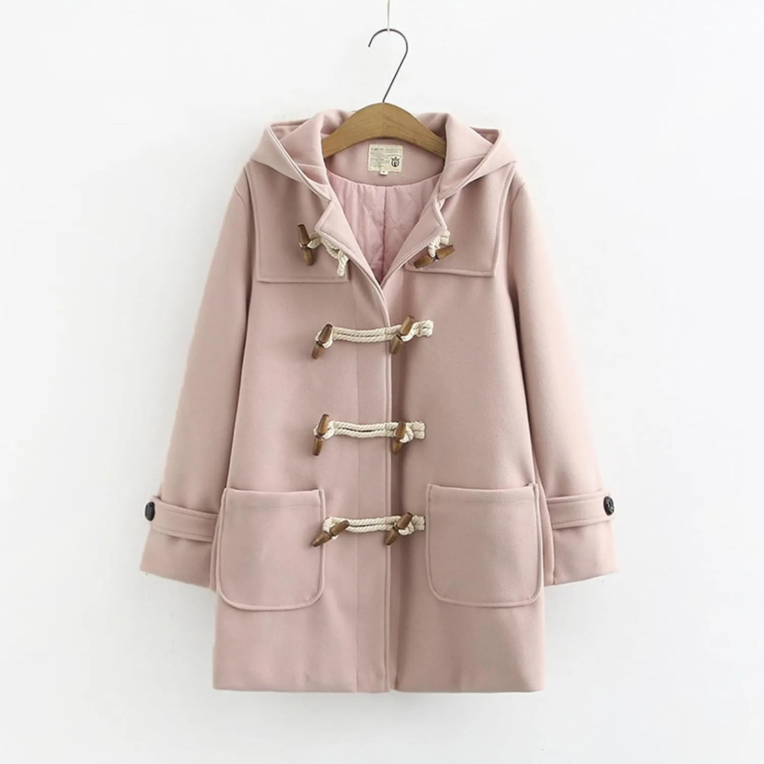 Womens Fashion Horn Button Woolen Thicken Coat with Hood Winter Warm Quilted Lined Jacket Double Breasted Trench Coats