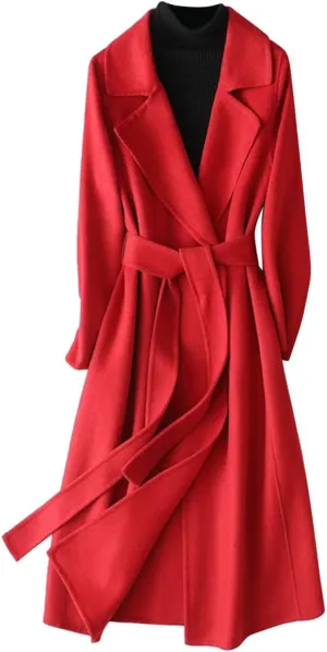 Women's Fashion Trench Coat Classic Solid Colour Lapel Long Coat Tie Slim Light Coat Autumn and Winter Warm