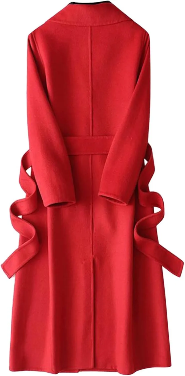 Women's Fashion Trench Coat Classic Solid Colour Lapel Long Coat Tie Slim Light Coat Autumn and Winter Warm