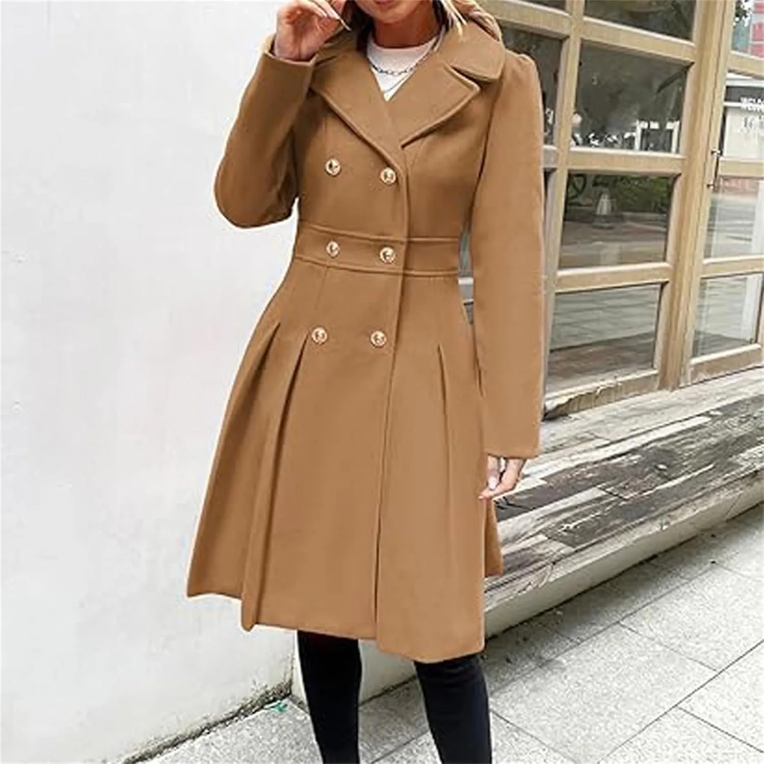 Women's Fashion Trench Coat Notch Lapel Double Breasted Outerwear A Line Trench Winter Pea Coat with Pockets