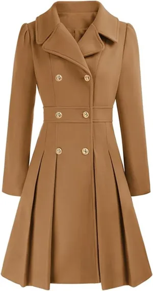 Women's Fashion Trench Coat Notch Lapel Double Breasted Outerwear A Line Trench Winter Pea Coat with Pockets