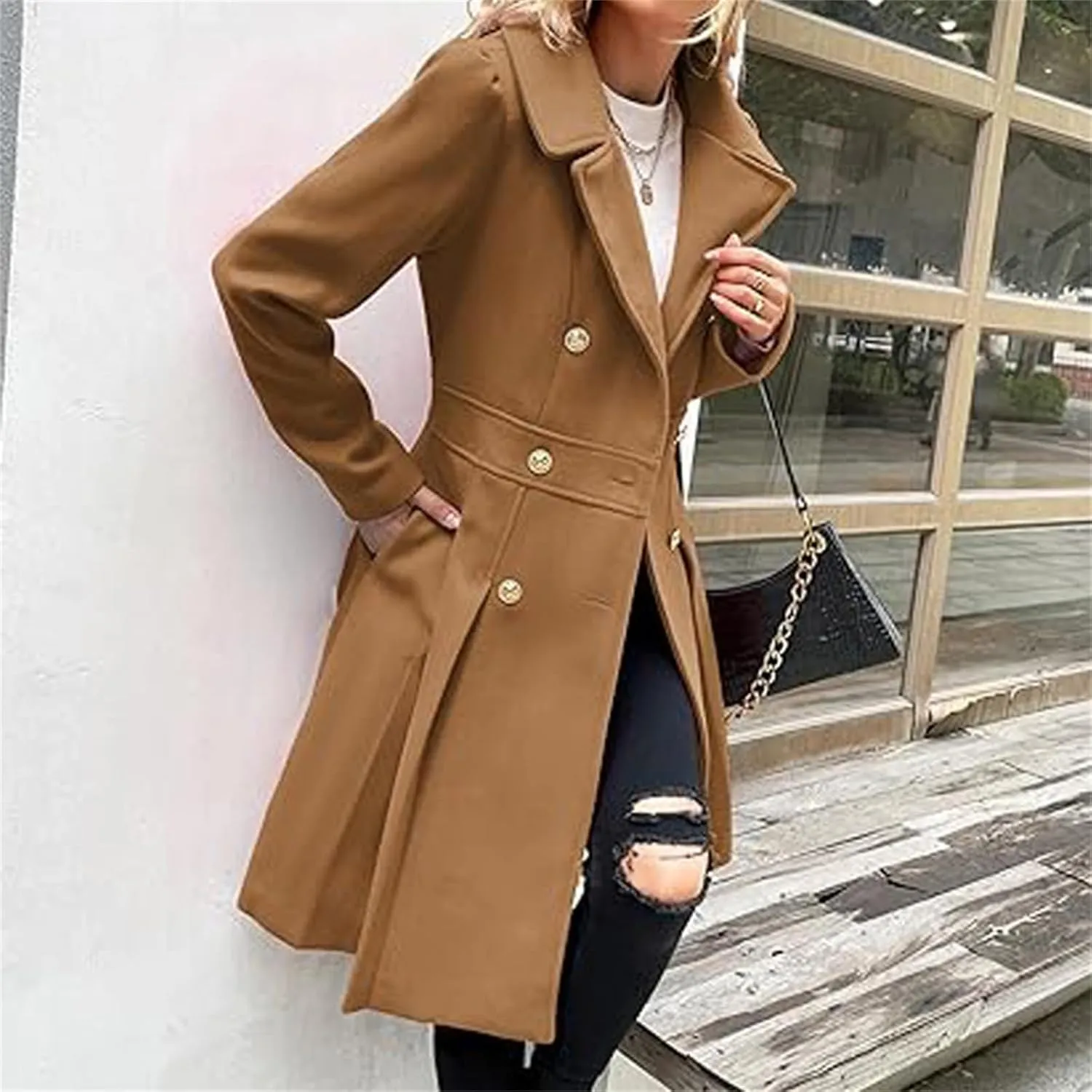 Women's Fashion Trench Coat Notch Lapel Double Breasted Outerwear A Line Trench Winter Pea Coat with Pockets