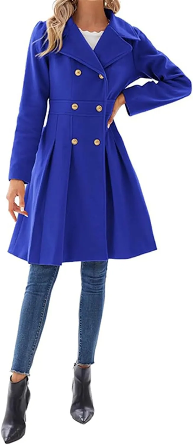 Women's Fashion Trench Coat Notch Lapel Double Breasted Outerwear A Line Trench Winter Pea Coat with Pockets
