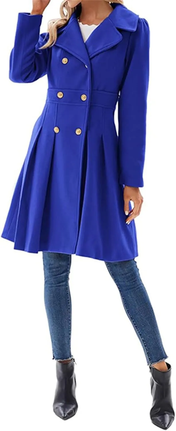 Women's Fashion Trench Coat Notch Lapel Double Breasted Outerwear A Line Trench Winter Pea Coat with Pockets