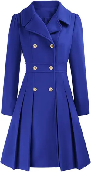 Women's Fashion Trench Coat Notch Lapel Double Breasted Outerwear A Line Trench Winter Pea Coat with Pockets