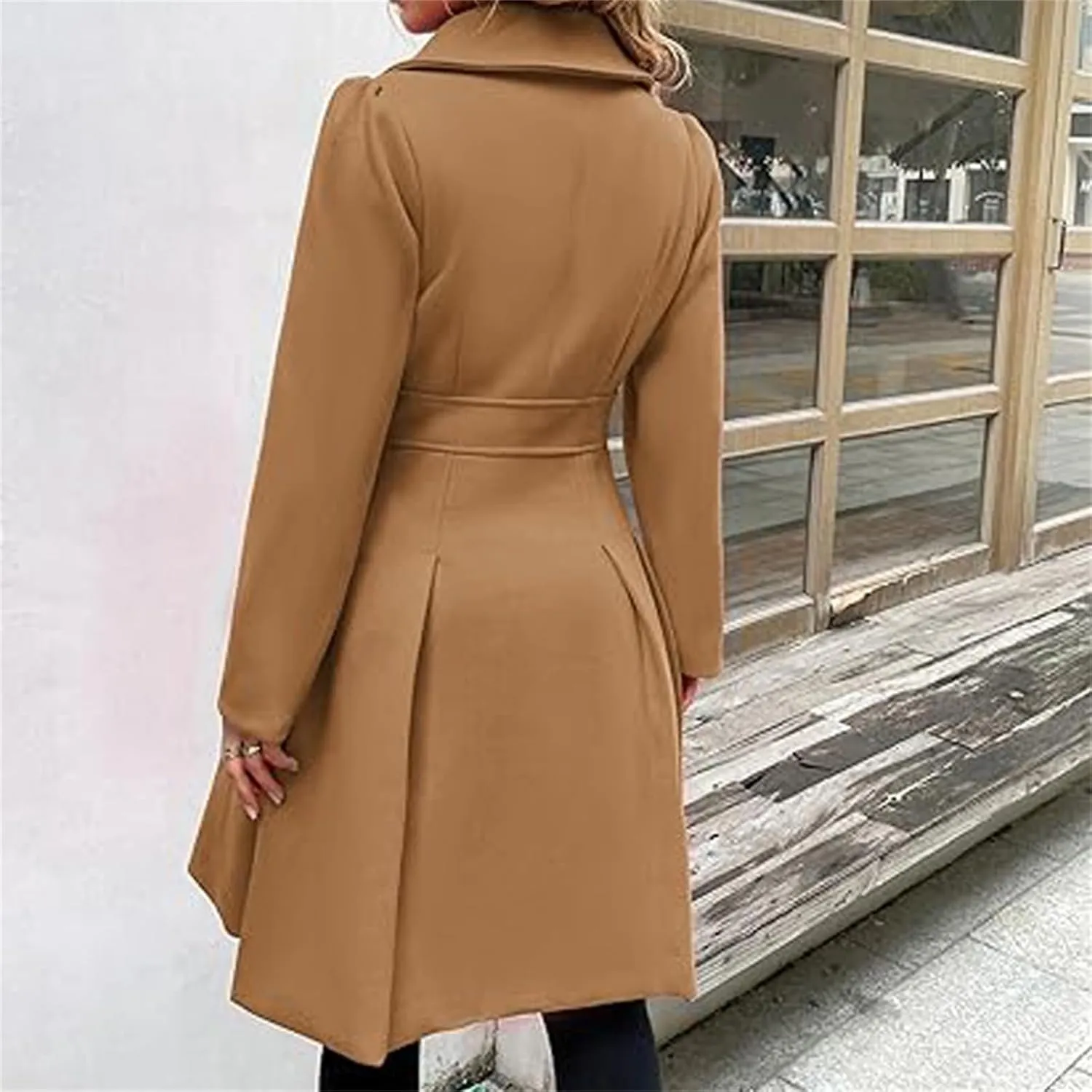 Women's Fashion Trench Coat Notch Lapel Double Breasted Outerwear A Line Trench Winter Pea Coat with Pockets