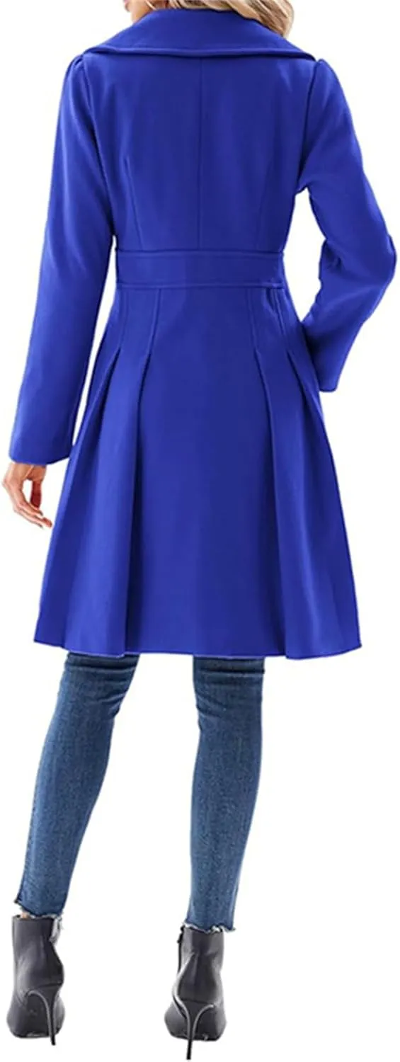Women's Fashion Trench Coat Notch Lapel Double Breasted Outerwear A Line Trench Winter Pea Coat with Pockets