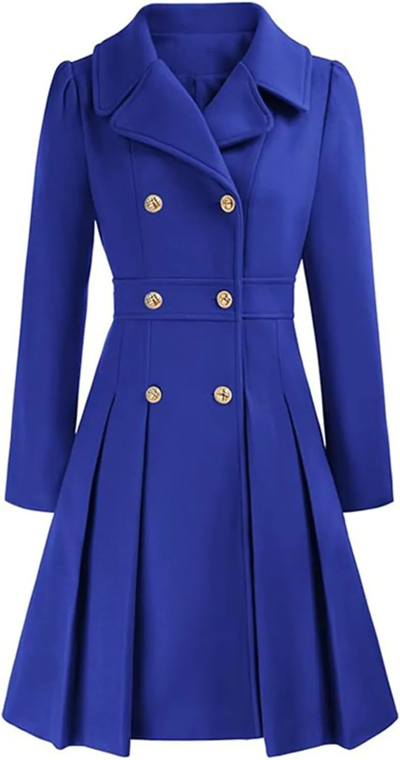 Women's Fashion Trench Coat Notch Lapel Double Breasted Outerwear A Line Trench Winter Pea Coat with Pockets