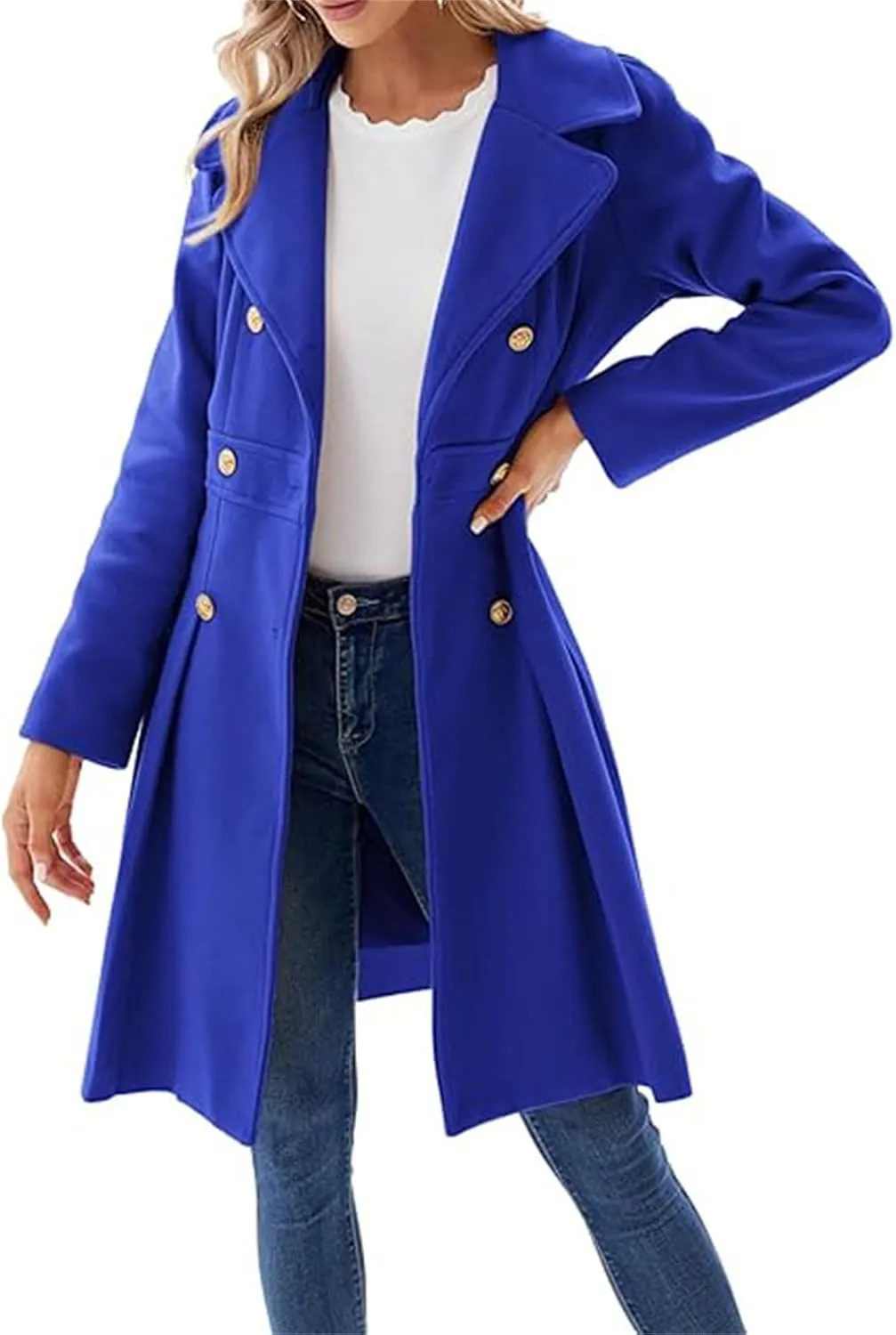 Women's Fashion Trench Coat Notch Lapel Double Breasted Outerwear A Line Trench Winter Pea Coat with Pockets