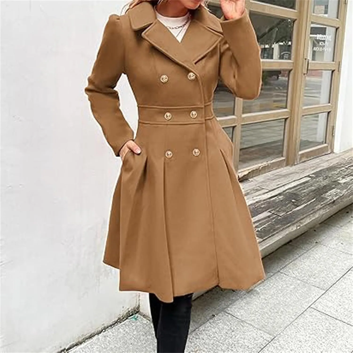 Women's Fashion Trench Coat Notch Lapel Double Breasted Outerwear A Line Trench Winter Pea Coat with Pockets