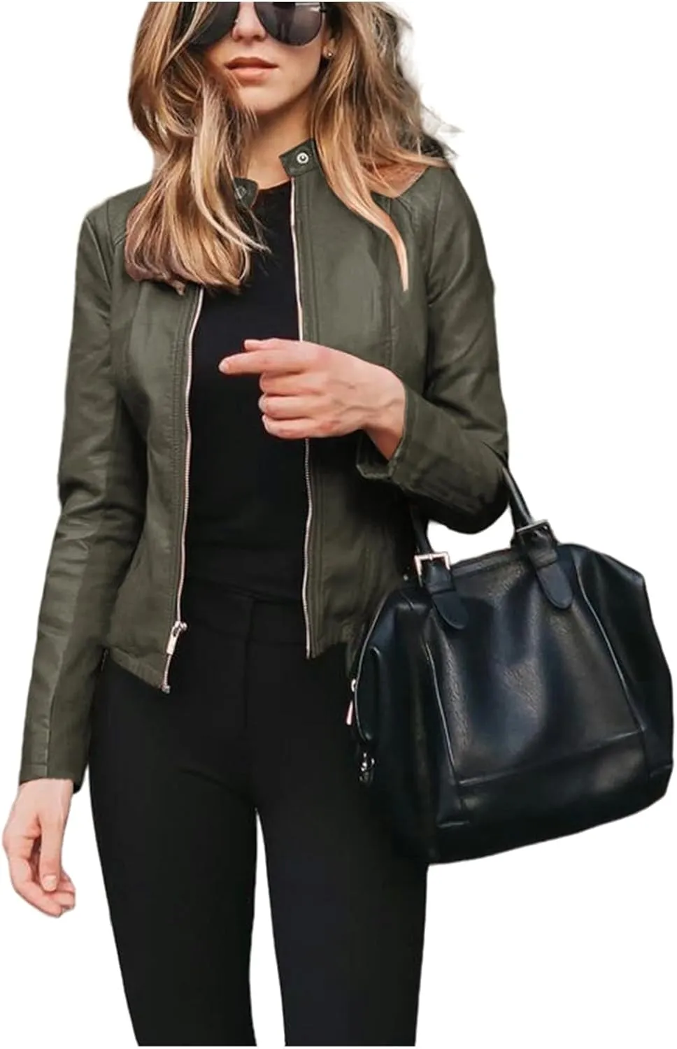 Womens Faux Leather Jacket Zip Up Moto Biker Short Coat Jacket Long Sleeve Motorcycle Bomber Coat Tops Suit Outwear