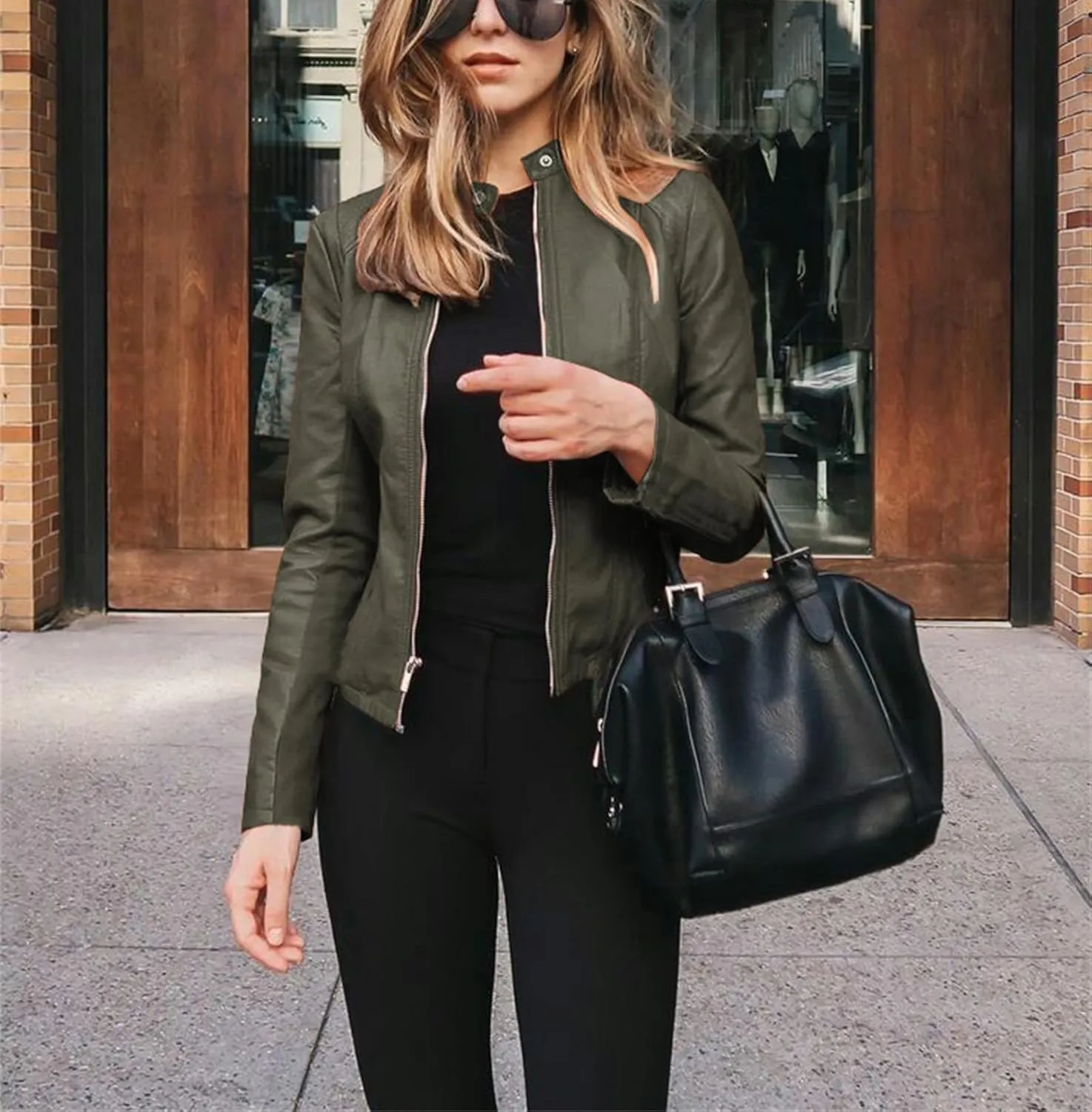 Womens Faux Leather Jacket Zip Up Moto Biker Short Coat Jacket Long Sleeve Motorcycle Bomber Coat Tops Suit Outwear