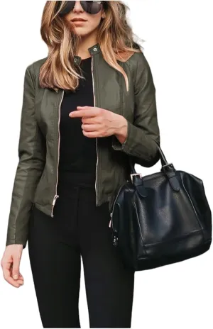 Womens Faux Leather Jacket Zip Up Moto Biker Short Coat Jacket Long Sleeve Motorcycle Bomber Coat Tops Suit Outwear