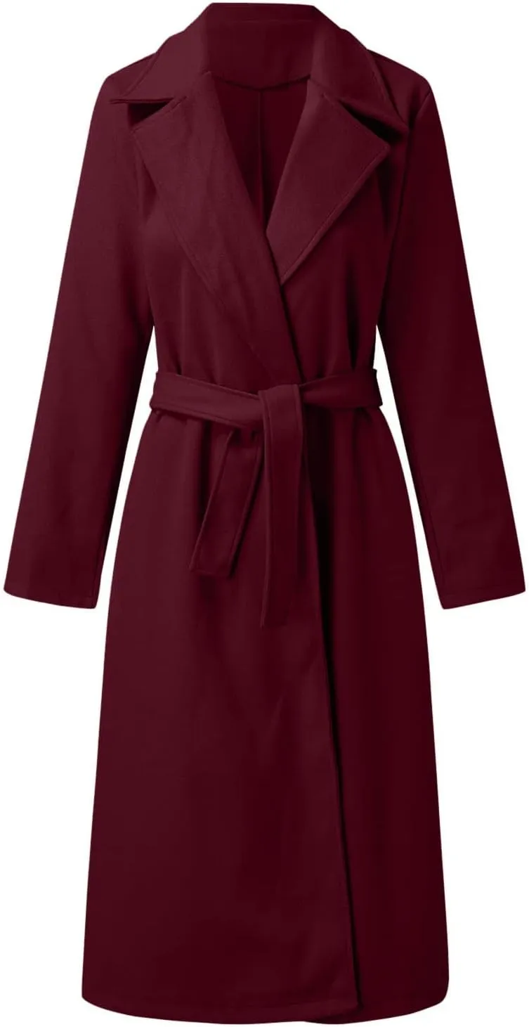 Women's Faux Wool Coat Long Jacket Thin Trench Coats Ladies Slim Windproof Overcoat Ring Master Jacket with Belt